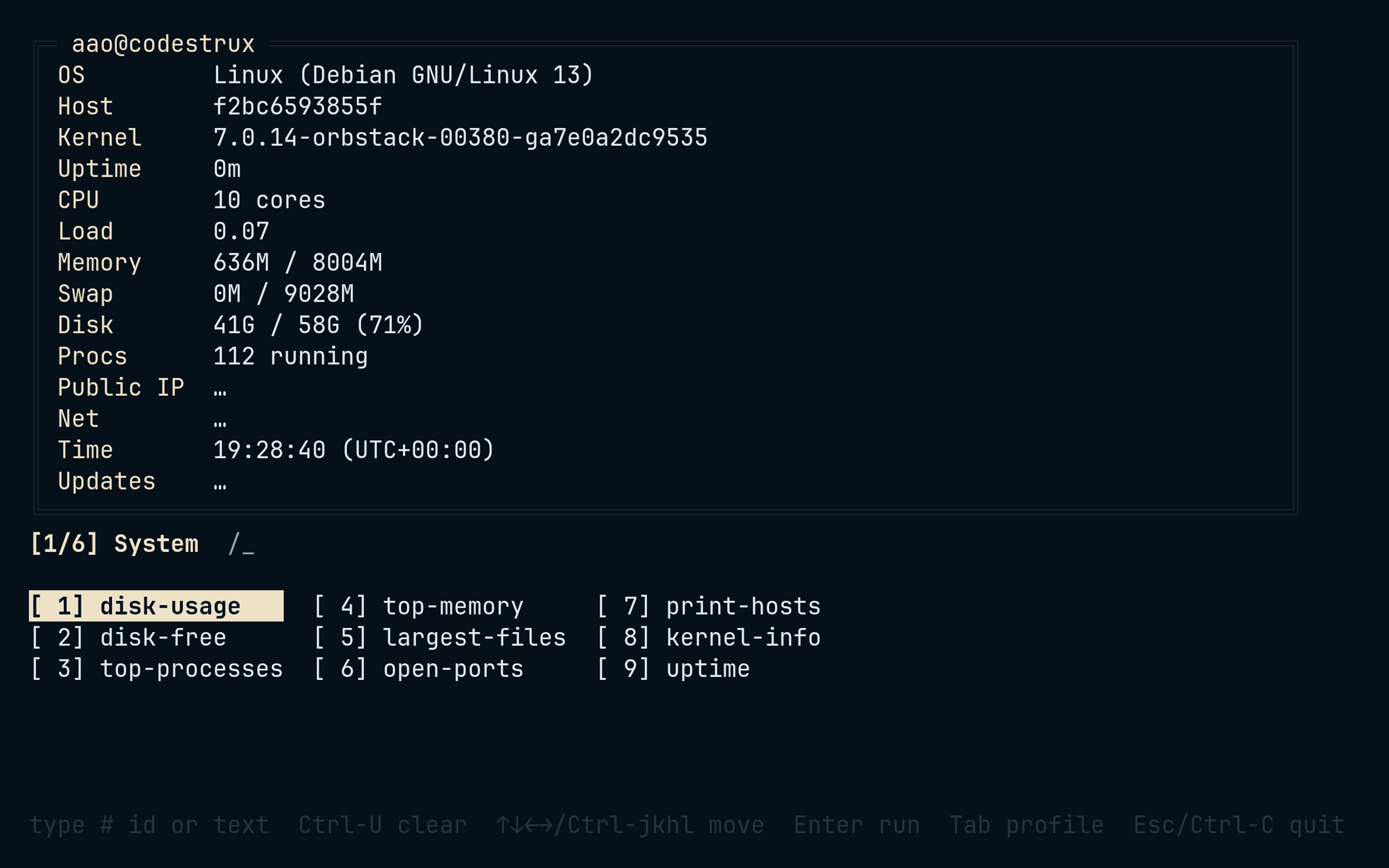The exc picker: a numbered command grid under a host-info header